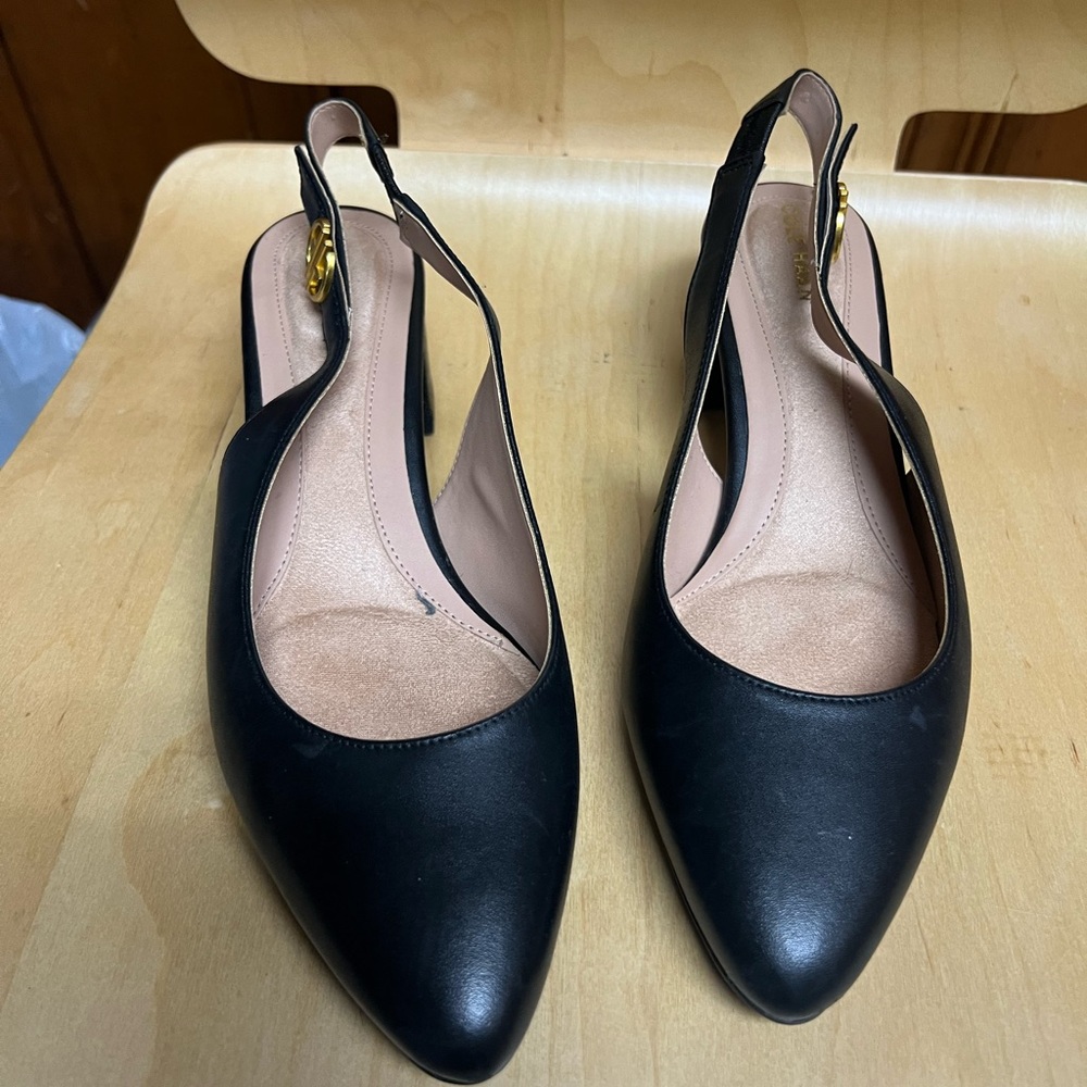Cole Haan Black Leather Pointed Toe Slingback Heels
